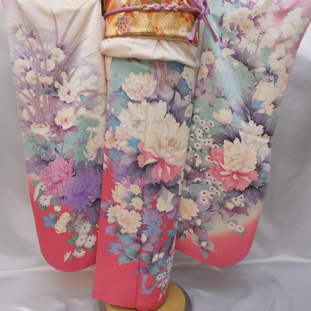 美品★振袖フルセット　正絹　成人式　振袖　7点セット　Mサイズ　ピンク　花柄
