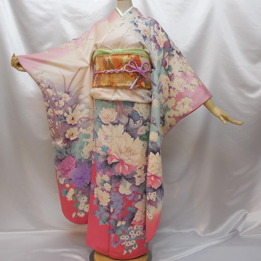美品★振袖フルセット　正絹　成人式　振袖　7点セット　Mサイズ　ピンク　花柄