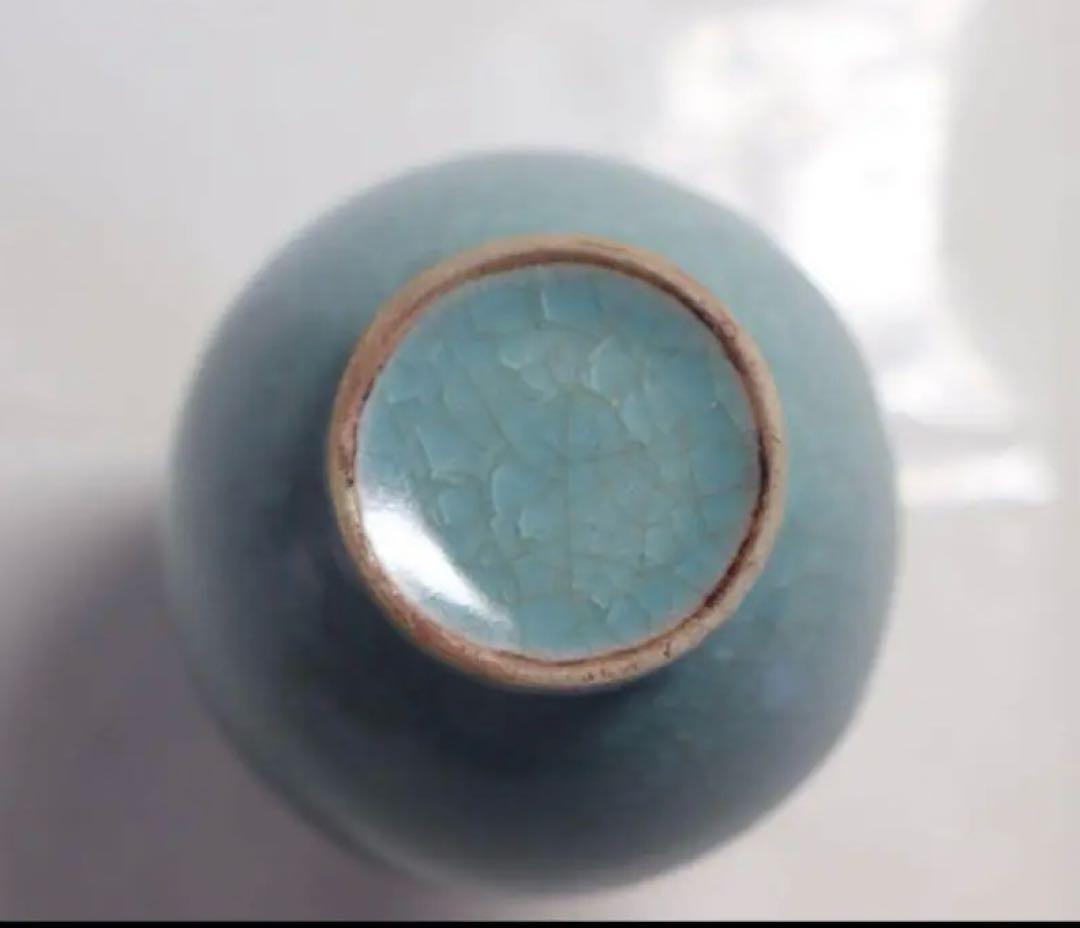 中国　宋時代　天青釉汝窑冰片纹长颈瓶　青磁長頸瓶　七官青磁