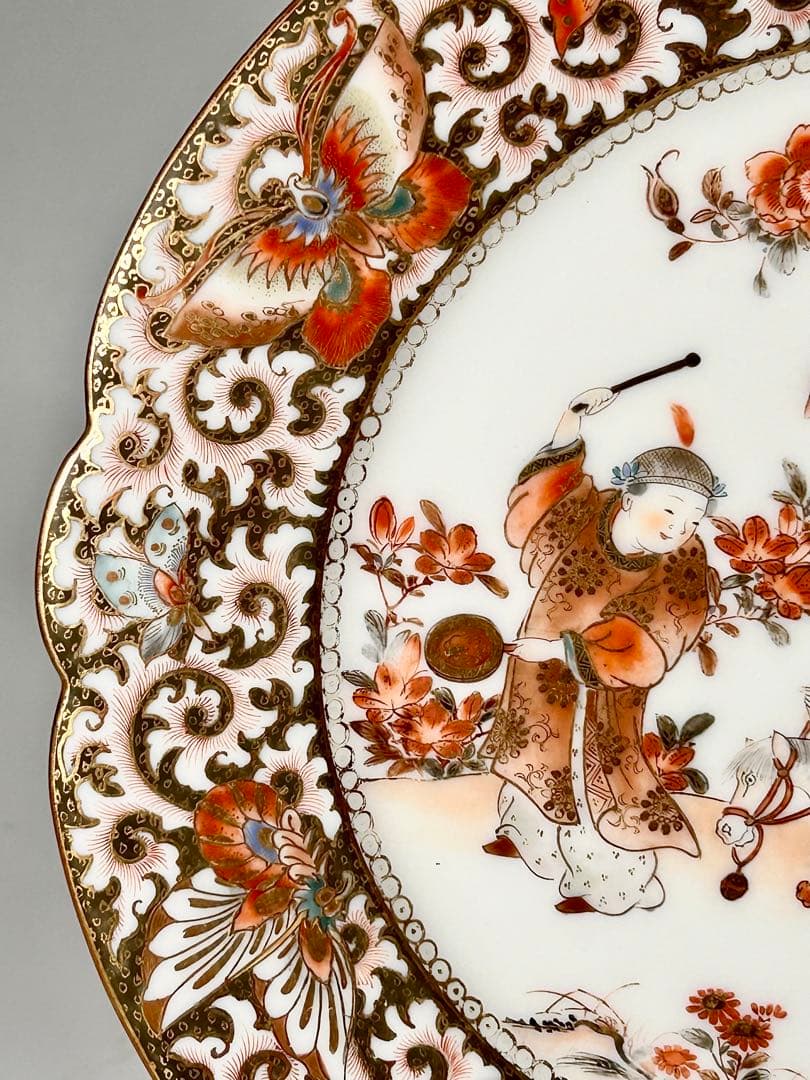 稀少 明治九谷の第一人者 松本佐平 松雲堂 赤絵金彩唐子図中皿 其のニ 九谷焼