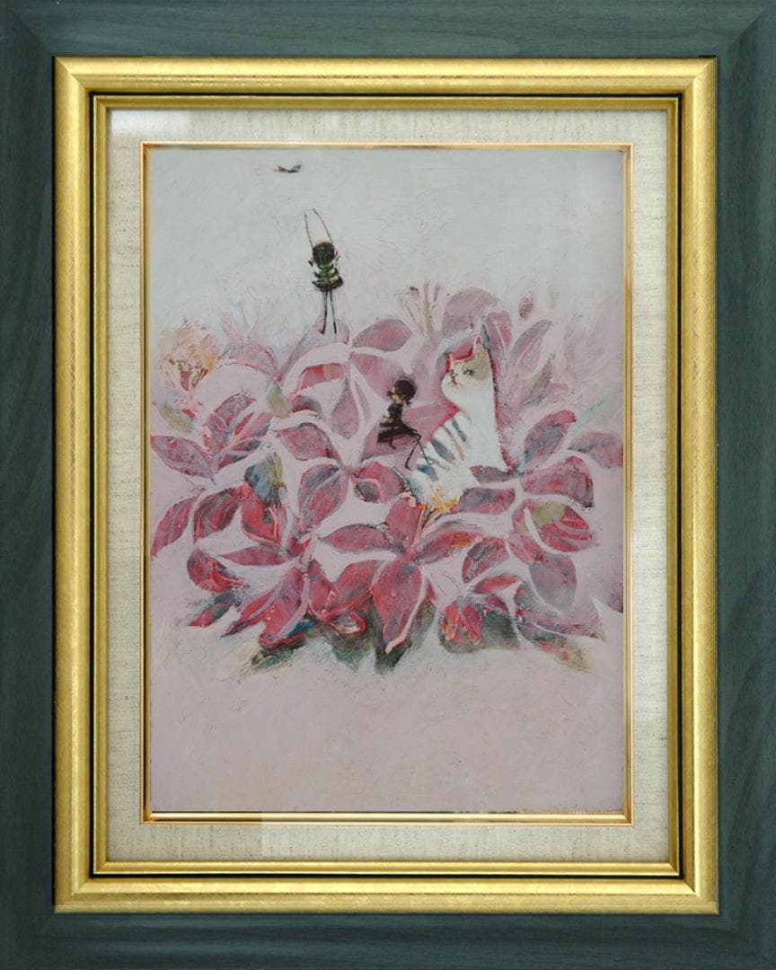 油絵 菅家令子 絵 絵画インテリア額付(白) uF6-070519 子猫と女の子