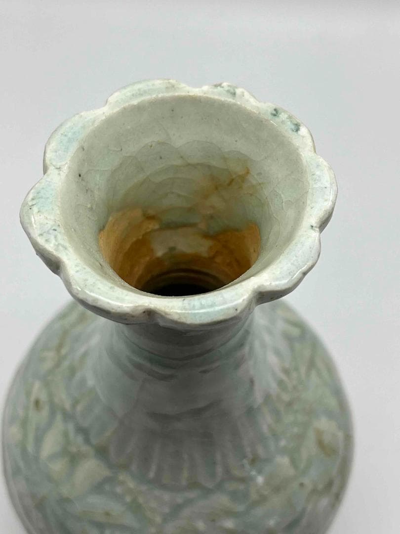 北宋時代　青白磁 纏枝貼花牡丹文菱口瓶 湖田窯花瓶 影青 花入れ(B-88)