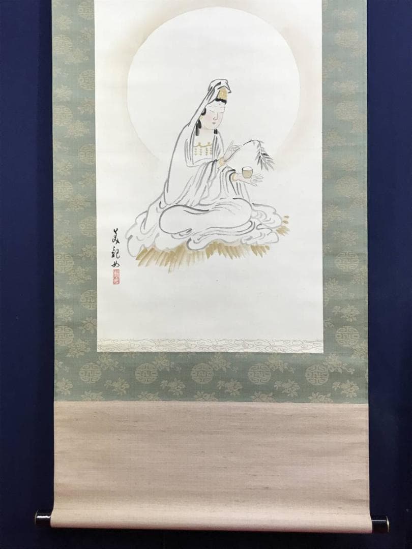 【真作】管美紀/揚柳観音図/観音図/仏事掛/人物図/掛軸/名家伝来/AD-374