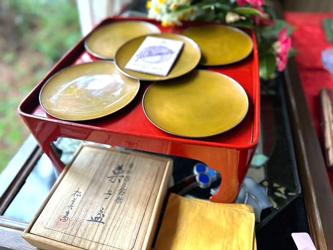 超限定9月10日20時迄‼️愛蔵生駒製松美斎造銀縁黄銅槌目菓子盆G.Ikoma5客