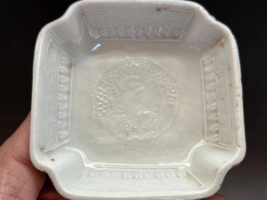 小皿■出石焼（江戸～明治）古い白磁四方皿角皿 7枚 龍 傷有 時代物 骨董品■