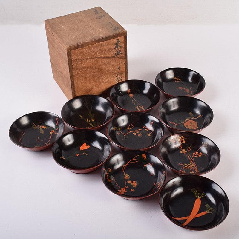 時代輪島塗　黒漆　蒔絵絵変銘々皿　木皿　十客　時代箱付　V　R8927