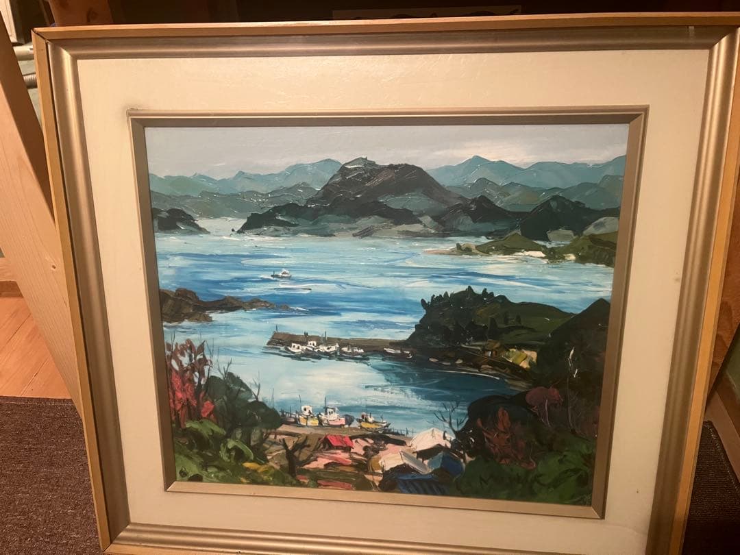 海と山の風景 油彩画 金色額縁