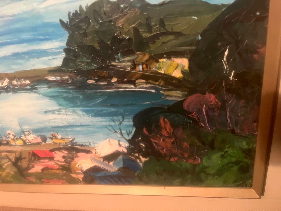 海と山の風景 油彩画 金色額縁