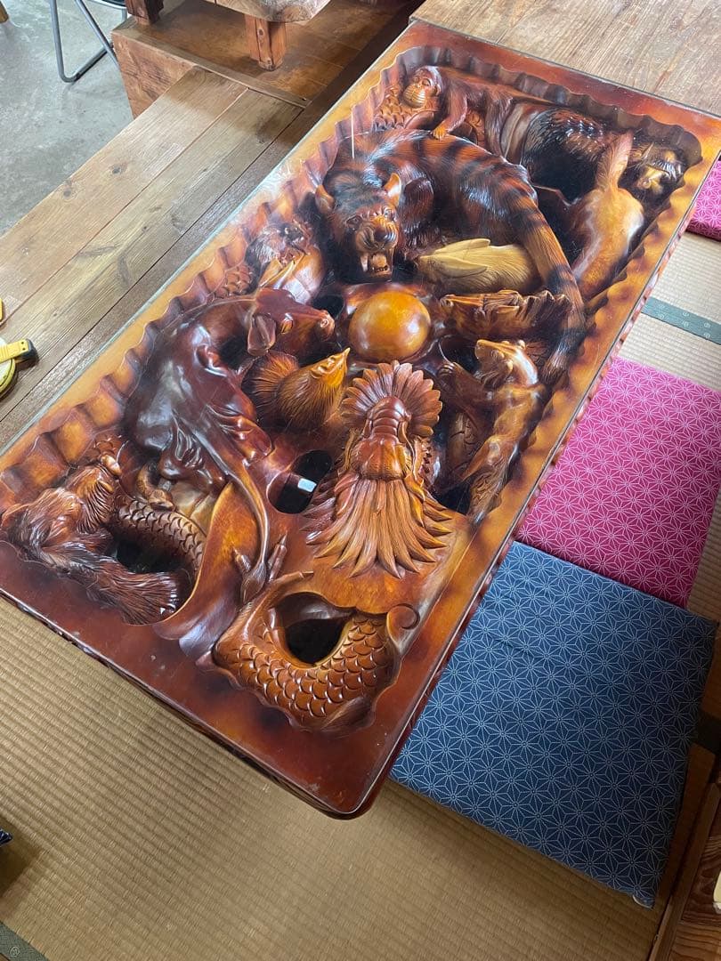 干支 彫刻 木彫 テーブル アンティーク ガラス天板