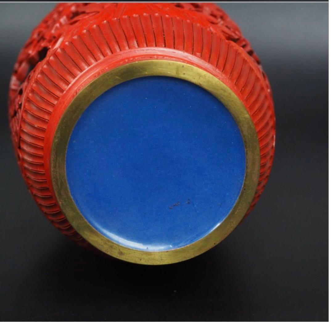 送料無料　極上高肉彫堆朱花瓶　台付　全高さ29ｃｍ　共箱　中国古玩骨董