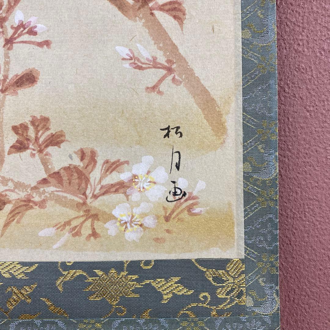 美品 掛け軸 細合喝堂作 桜画賛「万里春」大徳寺塔頭龍源院 共箱 禅語 茶掛け