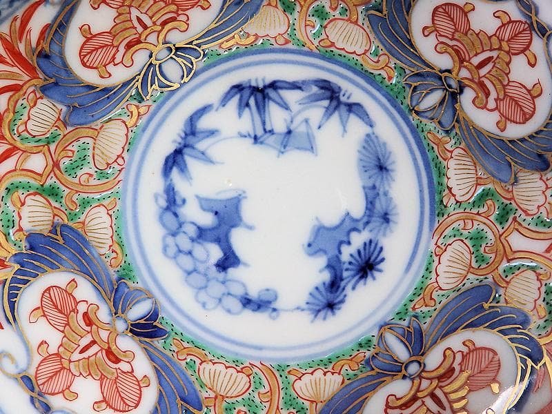 大聖寺伊万里　金襴手　松竹梅に草花紋の図　四方角皿 ５枚　C688AS-fbbi