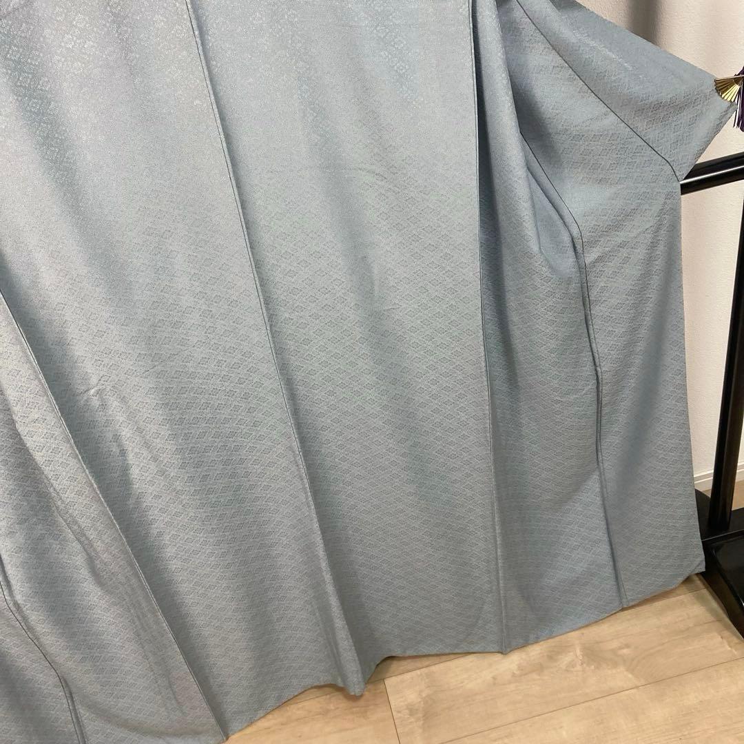 ZF-1346 色無地 地紋 正絹 燻んだ 水色 一つ紋 共八掛 美品 良品