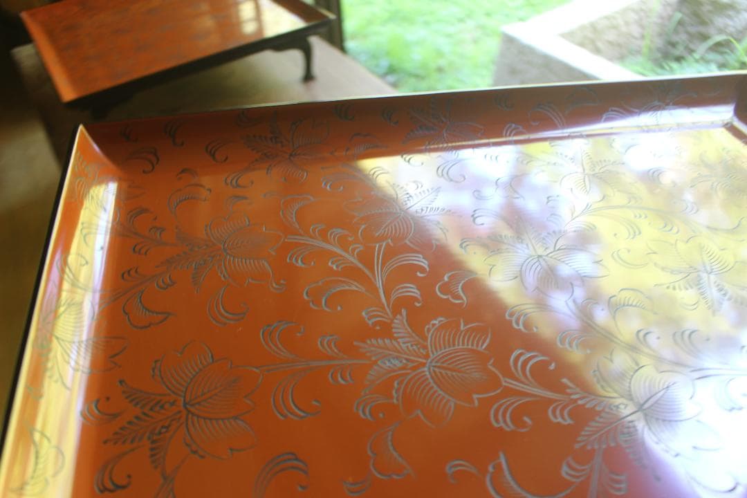 デッドストック！前大峰作！極上沈黒草文の脚付四方膳3点（検輪島塗お膳お盆茶道具