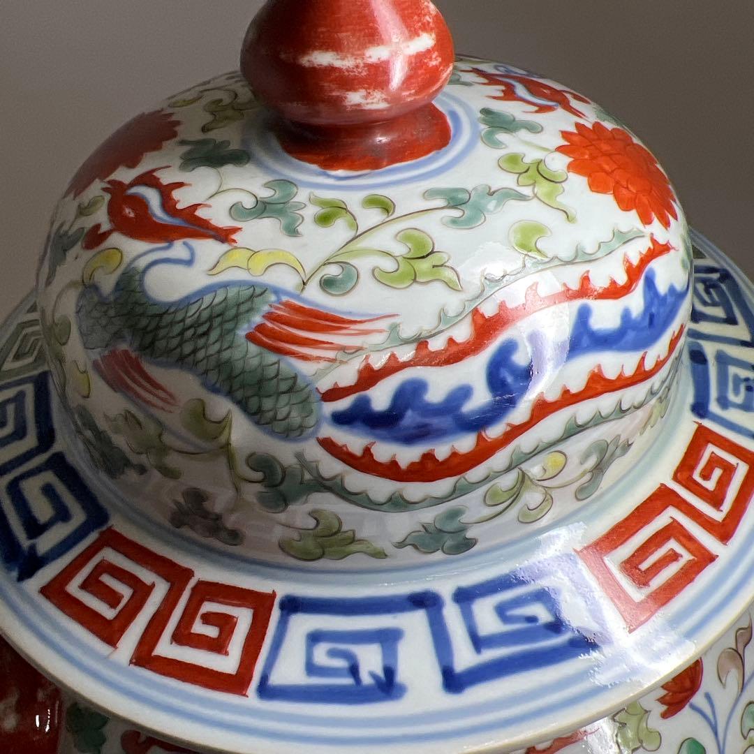 中国美術　景徳鎮　赤絵雲龍図大飾壷　木箱付高さ約53㎝トヒチサ東な8-0104①