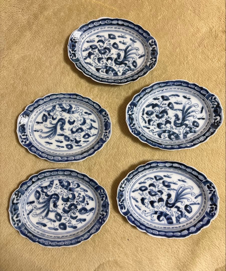 古伊万里楕円皿　花びら縁・北欧風デザイン・銘々皿　5枚セット