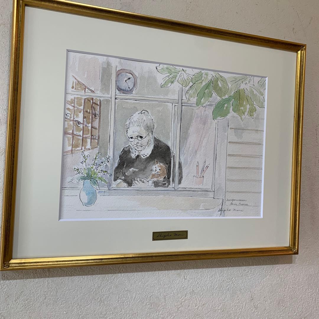 絵画　水彩肉筆画　真作　森茂子『古いホテルのコンシェルジュ（パリ）』