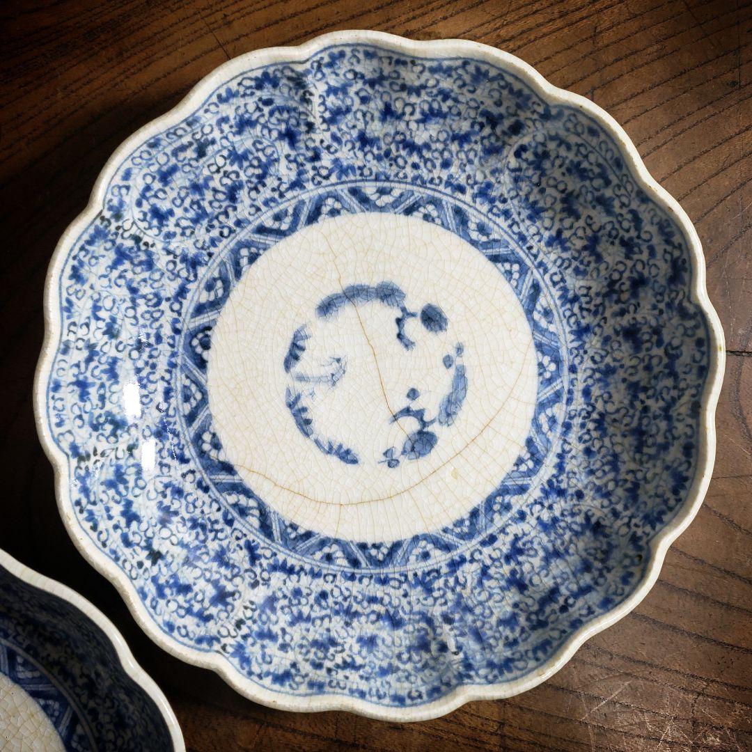 なます皿　染付　微塵唐草　富貴長春　古伊万里　　二枚　貫入　江戸　松竹梅　イ号