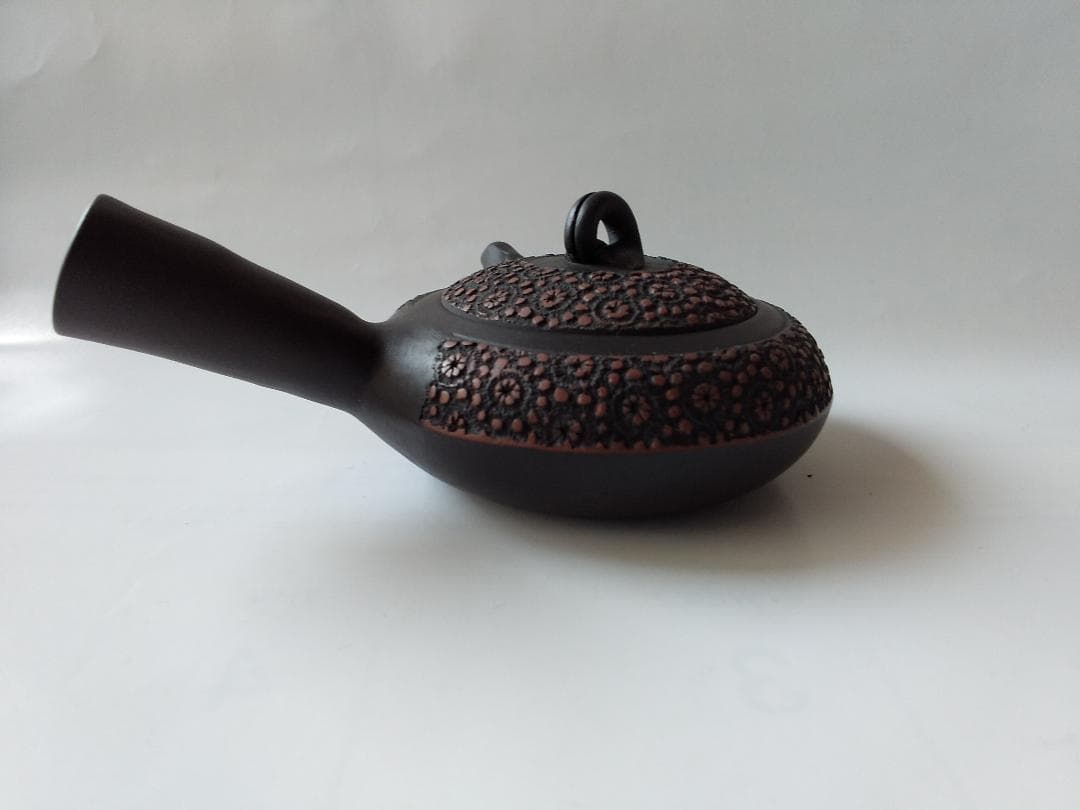 更紗常滑焼 稲葉石水 造 黒泥茶注 黒泥丸型急須 土瓶 共箱 共布 栞新品