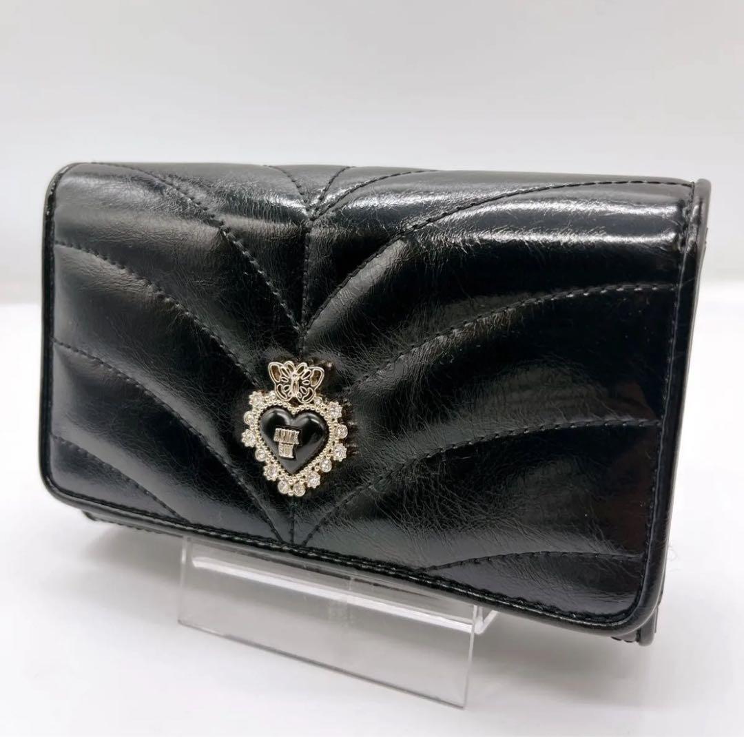 極美品 アナスイ ポワロ キルティング 二つ折り財布 ビジュー ブラック レザー