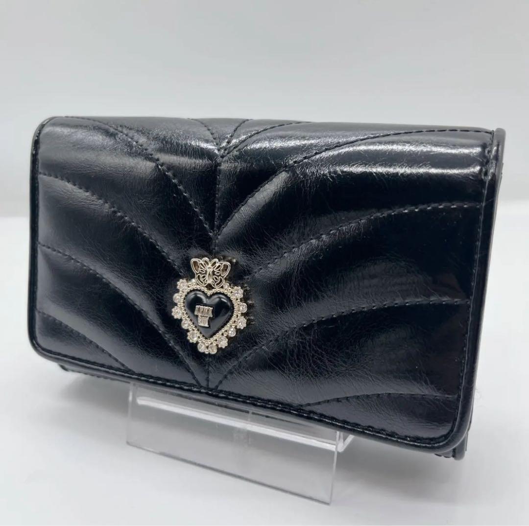 極美品 アナスイ ポワロ キルティング 二つ折り財布 ビジュー ブラック レザー