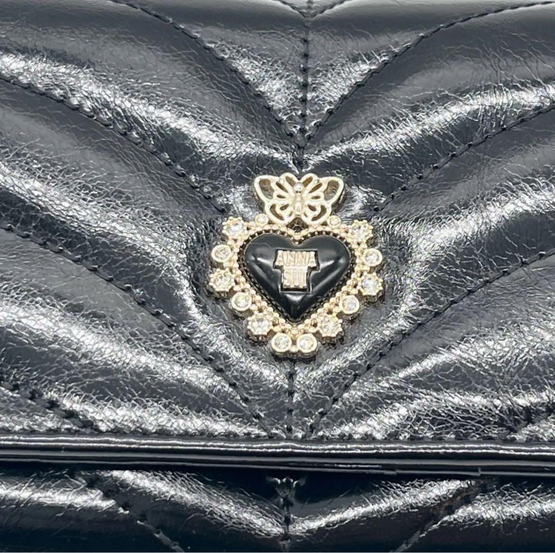 極美品 アナスイ ポワロ キルティング 二つ折り財布 ビジュー ブラック レザー