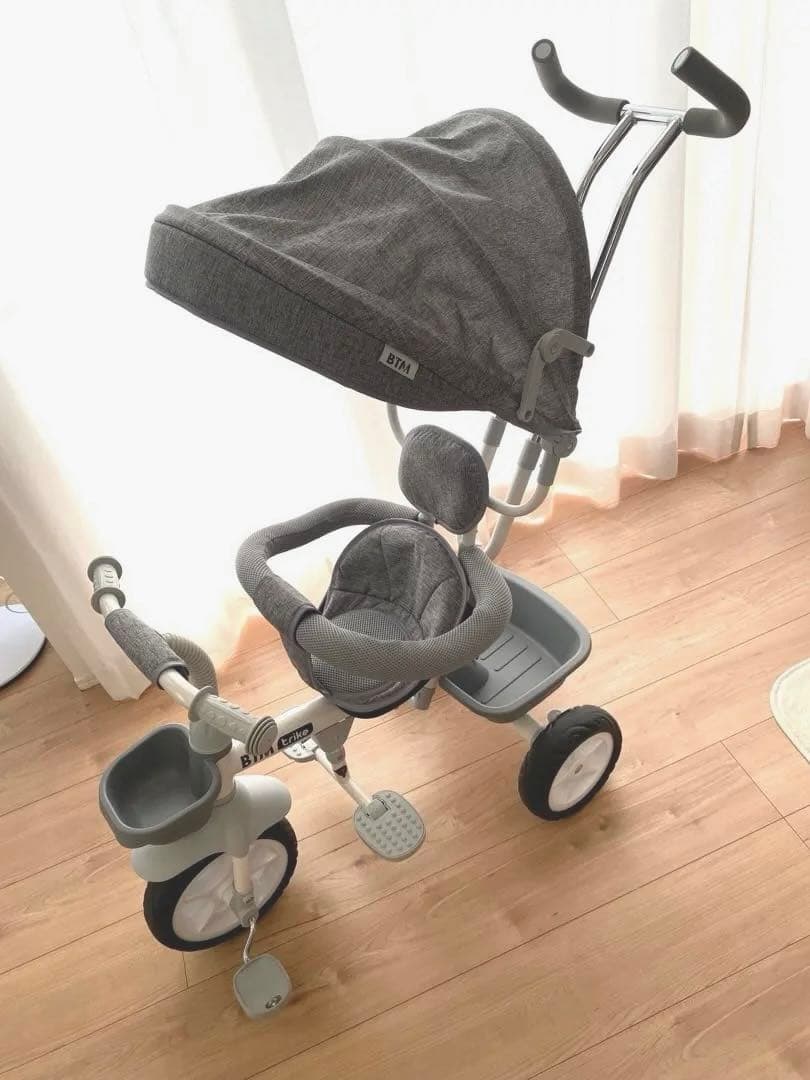 BTM 三輪車 手押し 舵取り棒 ベビーカー 自転車本体 グレー 屋根付き