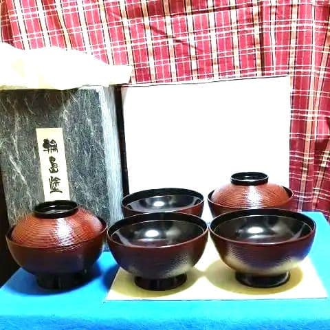 輪島塗、煮物椀五客、木製、筋目雲錦松葉蒔絵、いま2番