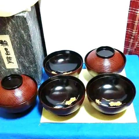 輪島塗、煮物椀五客、木製、筋目雲錦松葉蒔絵、いま2番