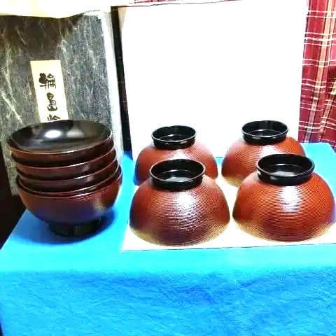 輪島塗、煮物椀五客、木製、筋目雲錦松葉蒔絵、いま2番