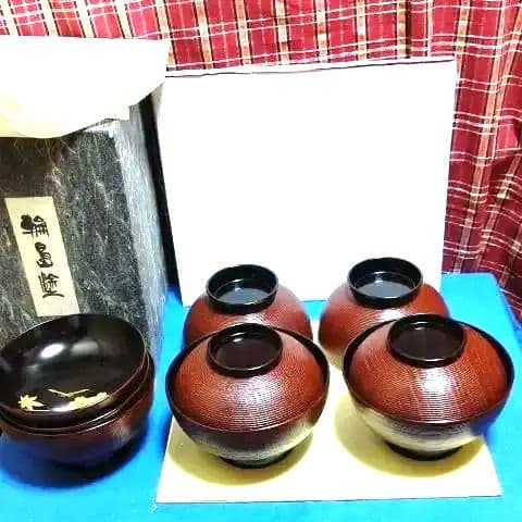 輪島塗、煮物椀五客、木製、筋目雲錦松葉蒔絵、いま2番