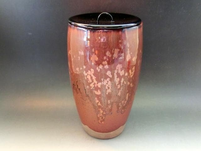 水指●筒水指 【春峰造】鉄釉 漆器蓋 塗蓋 茶釉 お茶道具 時代物 骨董品■