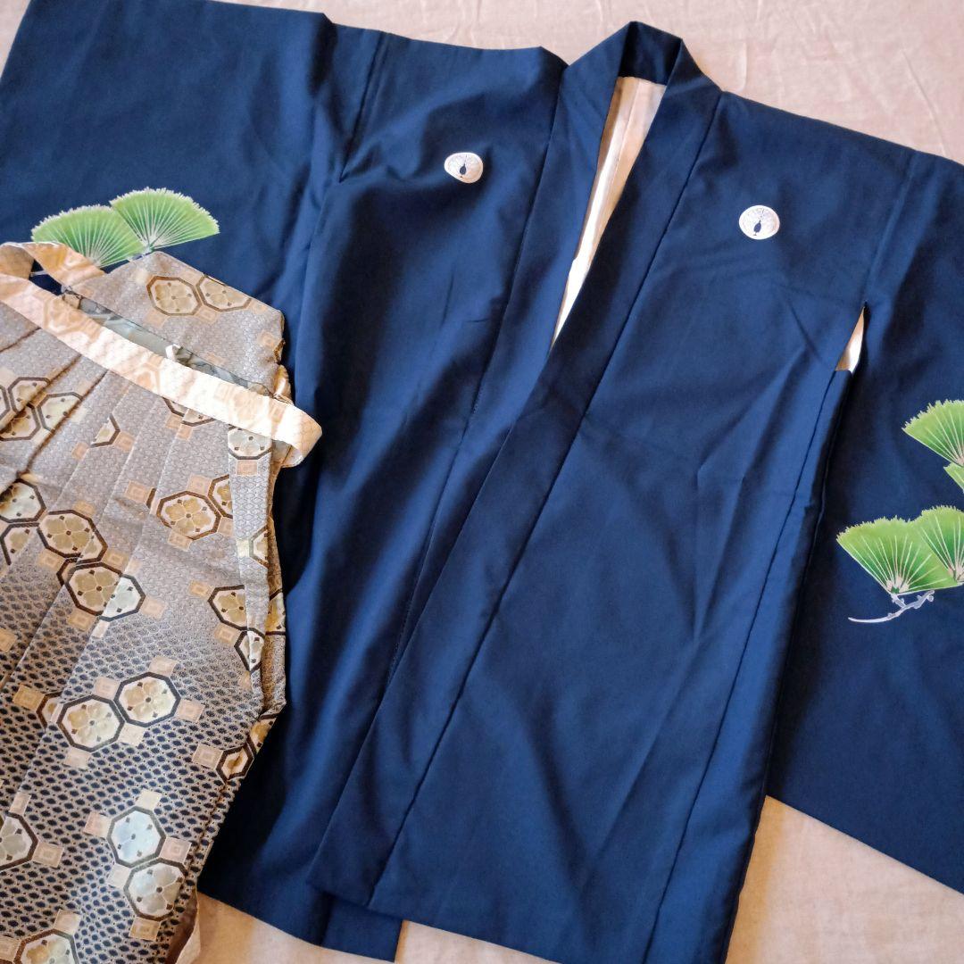 男の子　5歳　七五三　120㎝前後　ネイビー　青　 鶴と松の刺繍 和装