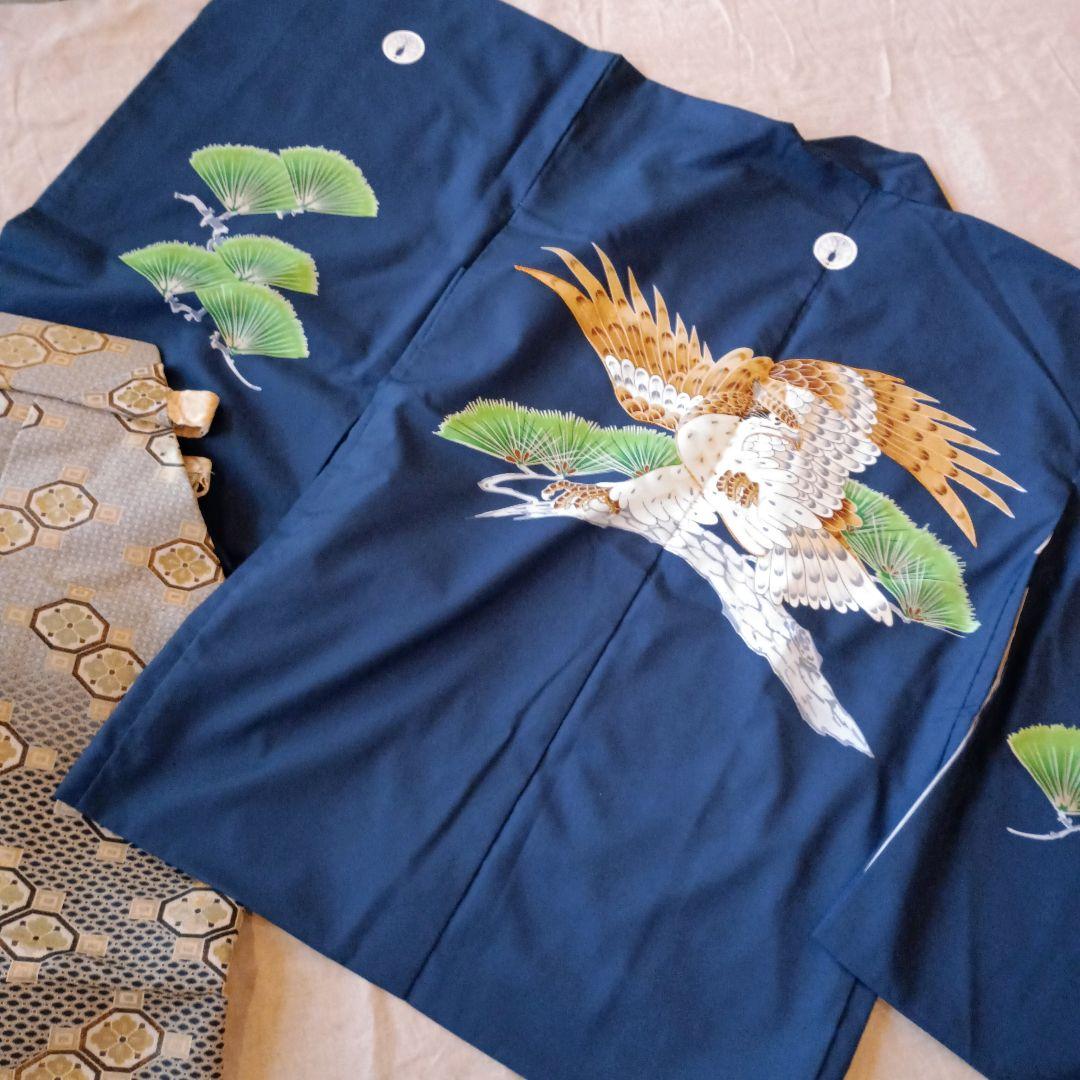 男の子　5歳　七五三　120㎝前後　ネイビー　青　 鶴と松の刺繍 和装