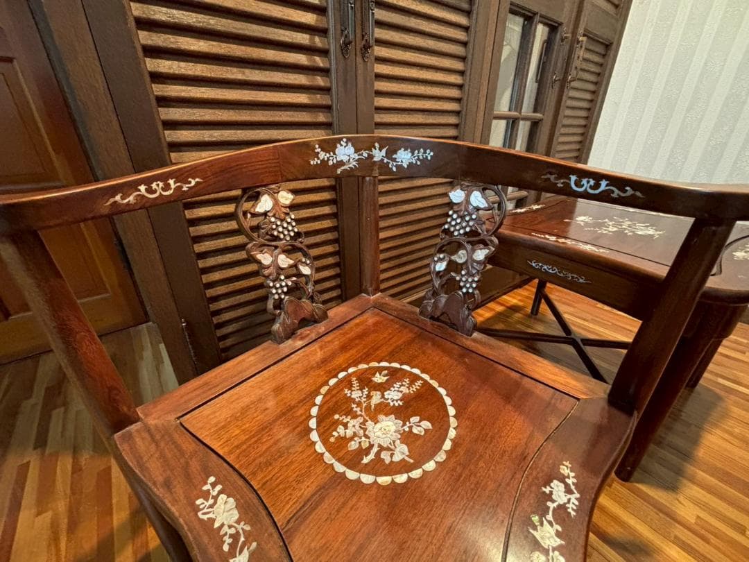 高級家具　螺細細工　花梨　中国美術　サイドテーブル　椅子　唐木　家具　木製