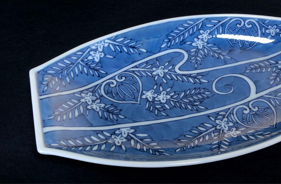 《R》有田焼 染付葵流水絵 舟形皿5客 源右衛門作 共箱　251208お4