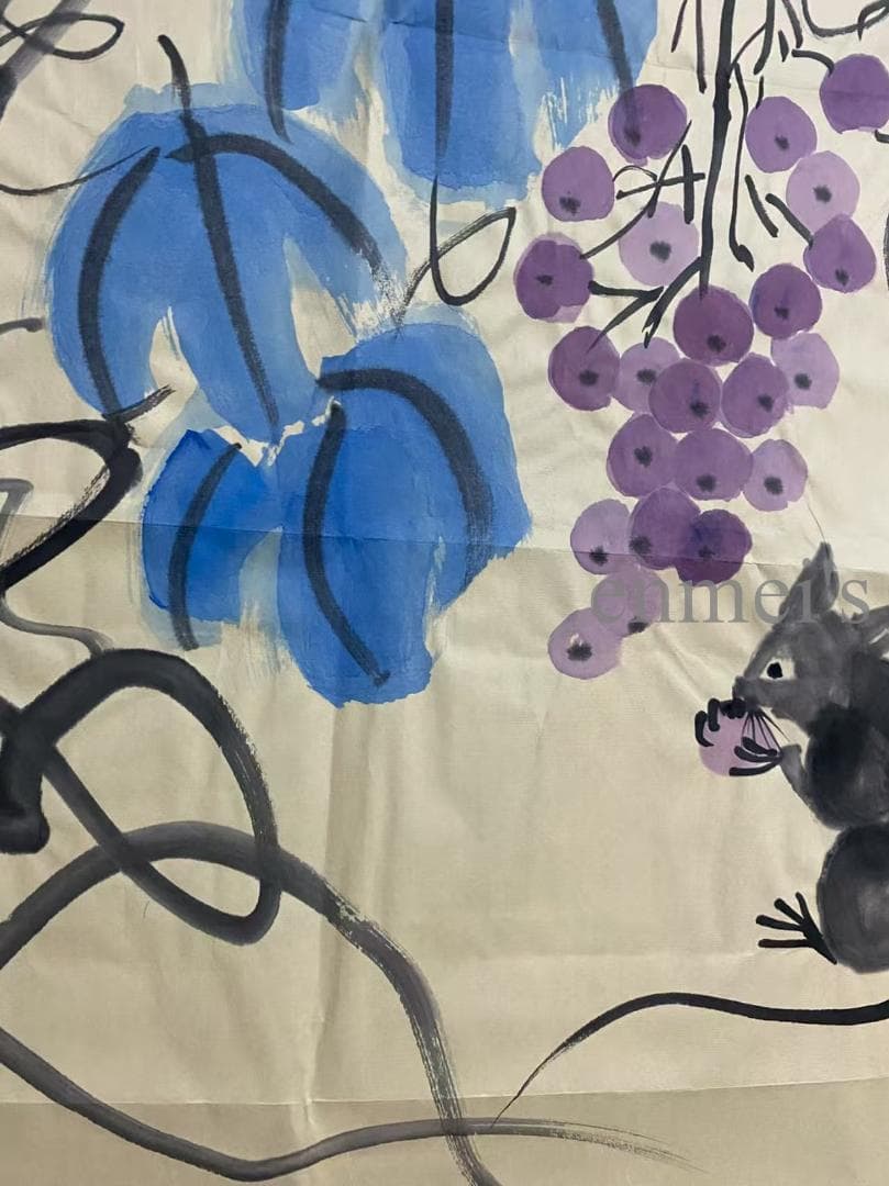 中国古美術 近代 呉昌碩印款 子孫満堂画 掛軸 宣紙 文房置物 純手描き 带水印