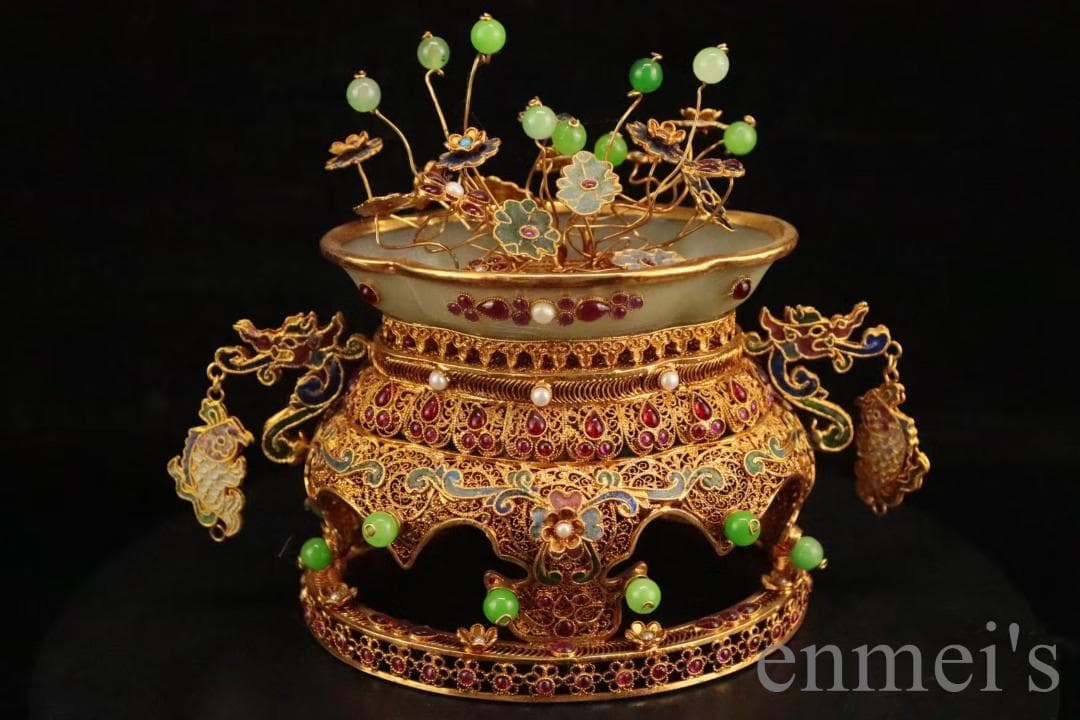 中国古美術 旧蔵清代 花絲嵌和田白玉飾件 細工 古玩 宝石装飾 文房置物 天然石