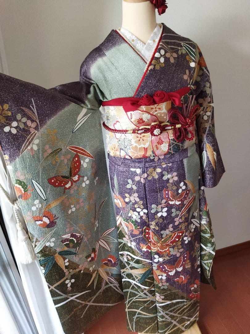 よる様　362.小粋な振袖7点セット　正絹　フルセット　成人式