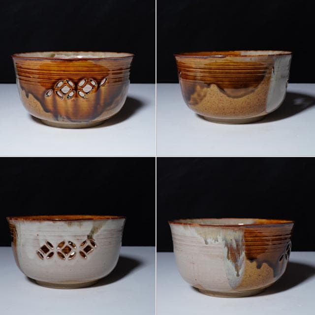 亀井味楽　高取七宝透し菓子鉢　共箱　茶道具　菓子器　掛け分け