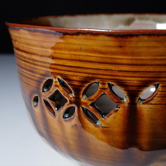 亀井味楽　高取七宝透し菓子鉢　共箱　茶道具　菓子器　掛け分け