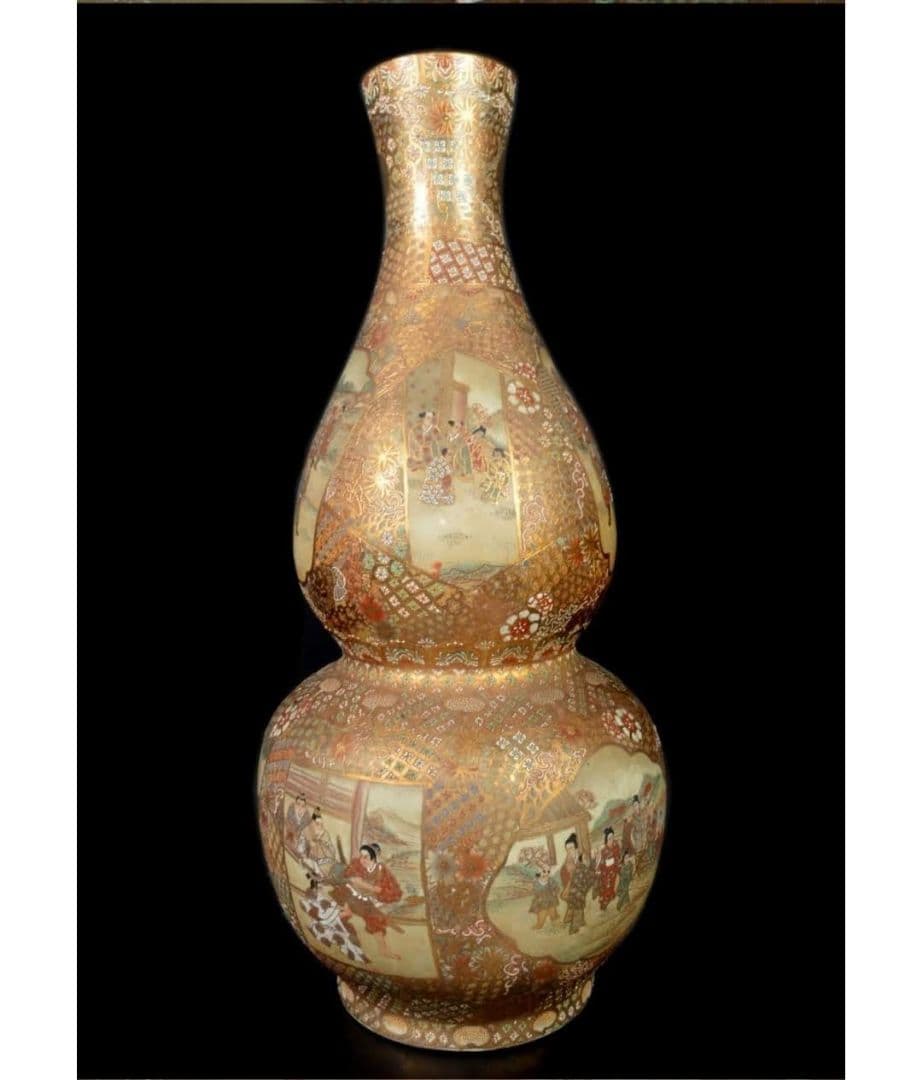 【レア 高さ92cm】薩摩 金縁細密絵付瓢箪型 特大 花瓶 大花瓶 大壺 飾り壷