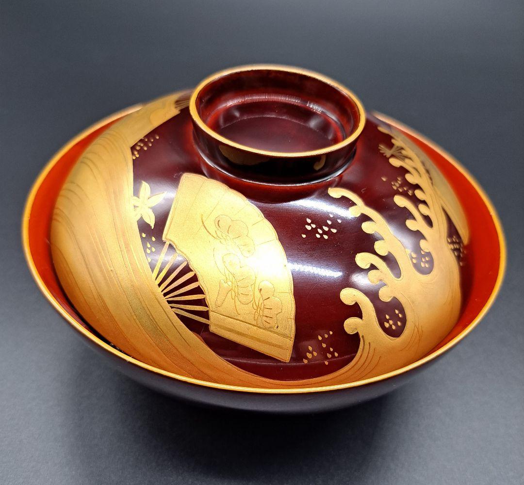 時代木製漆器　紅葉波に扇子見返し蒔絵　吸物椀　汁椀　懐石道具　6客揃　大正時代