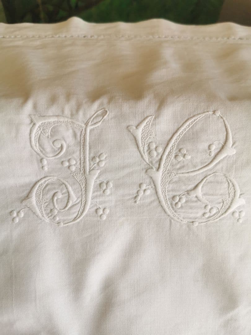 アンティークフランス イニシャル花刺繍 ドローンワーク ラージクッションカバー