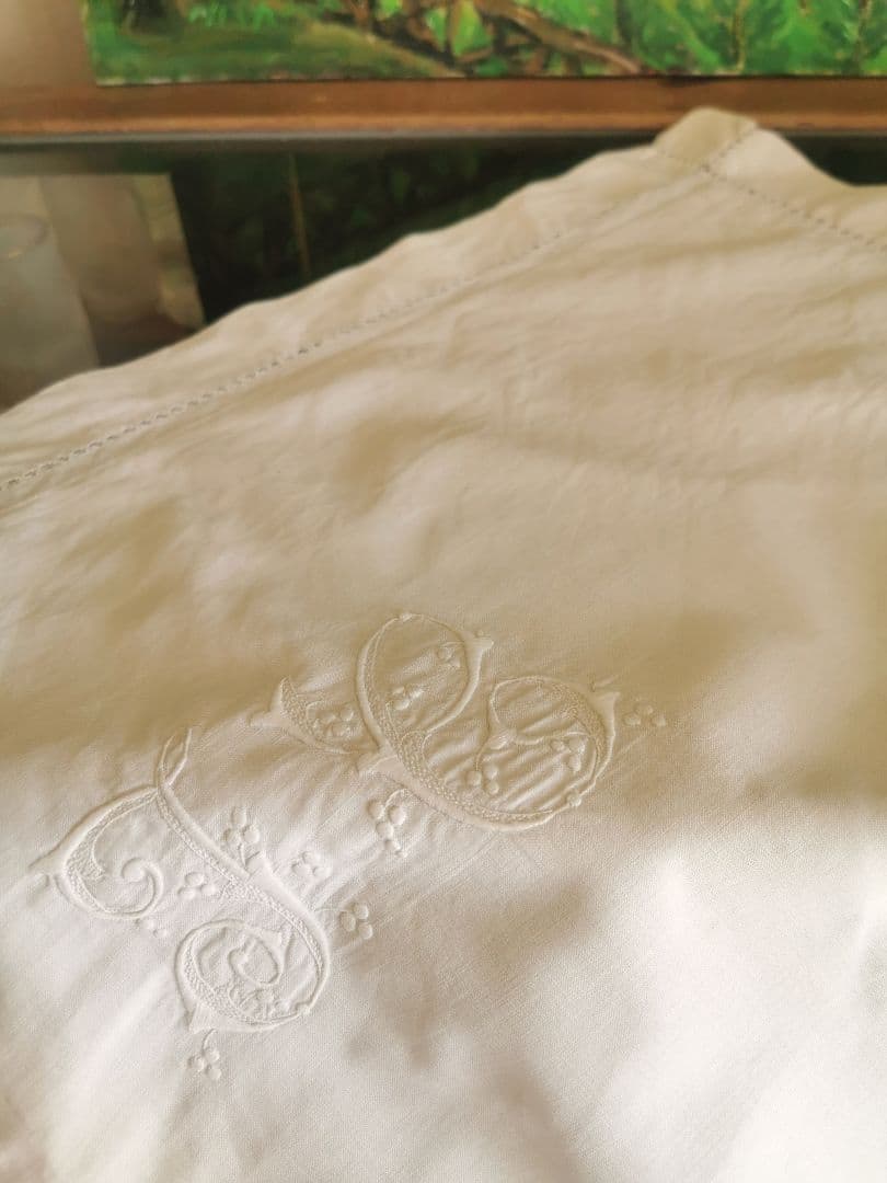 アンティークフランス イニシャル花刺繍 ドローンワーク ラージクッションカバー