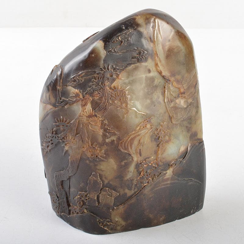 中国　玉石彫刻　山水人物刻　置物　合わせ箱　M　R5746