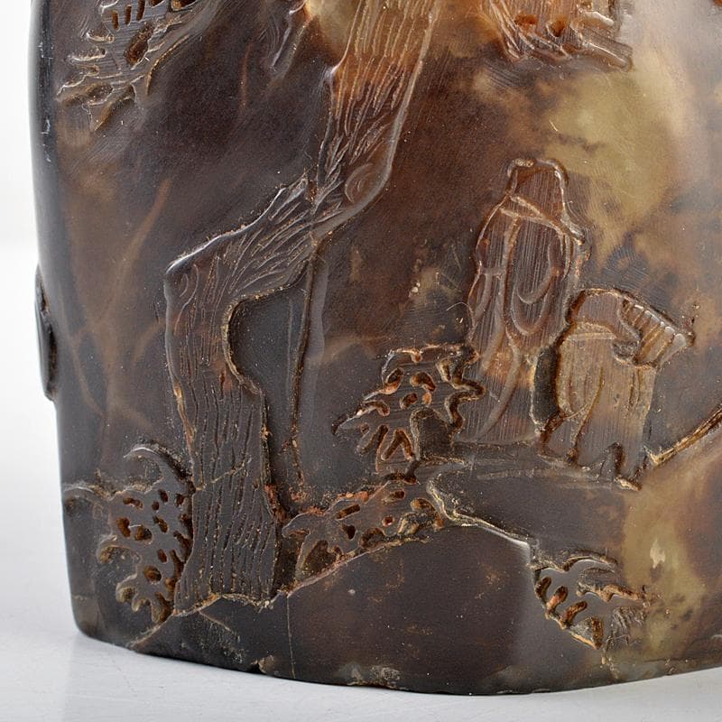 中国　玉石彫刻　山水人物刻　置物　合わせ箱　M　R5746