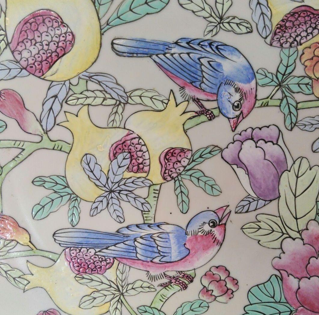 中国 清代 景徳鎮 粉彩 花鳥図 大飾皿 55センチ 柘榴