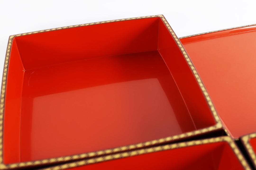 輪島塗 溜塗 網代 沈金 三段重 弁当箱 重箱 共箱