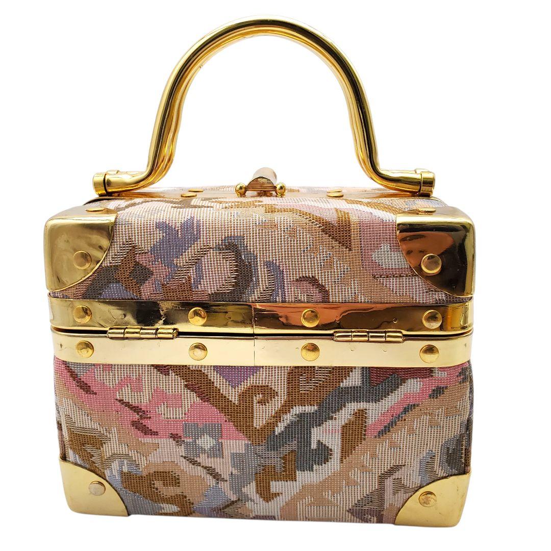 美品 ヴィンテージ調 タペストリー トランクバッグ バニティ 織物 ゴールド金具